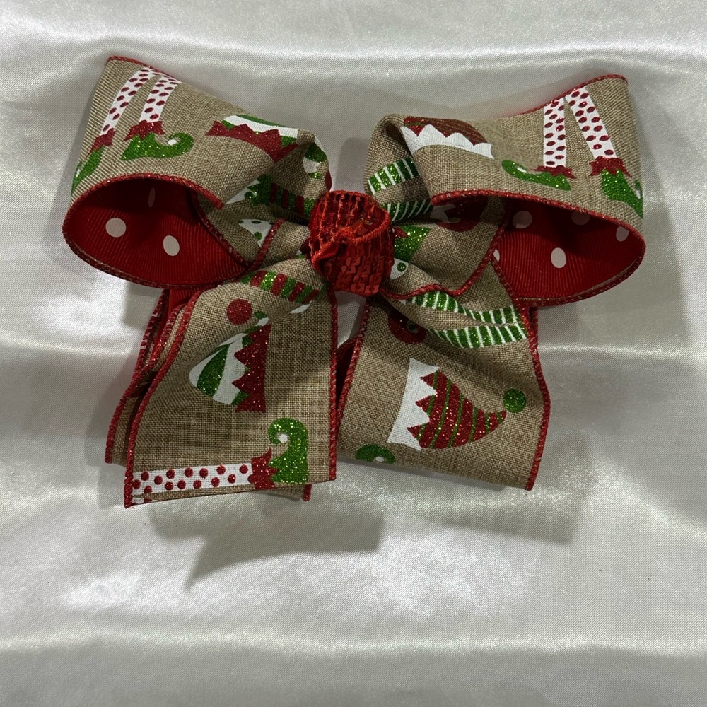 Holiday Elf Print Red & Tan Hair Bow. Bundle 2+ for savings on shipping costs